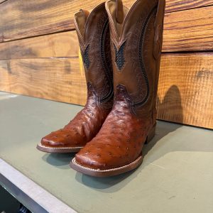 MN Cognac Ostrich Inlay & Embroidery Wide Square Toe