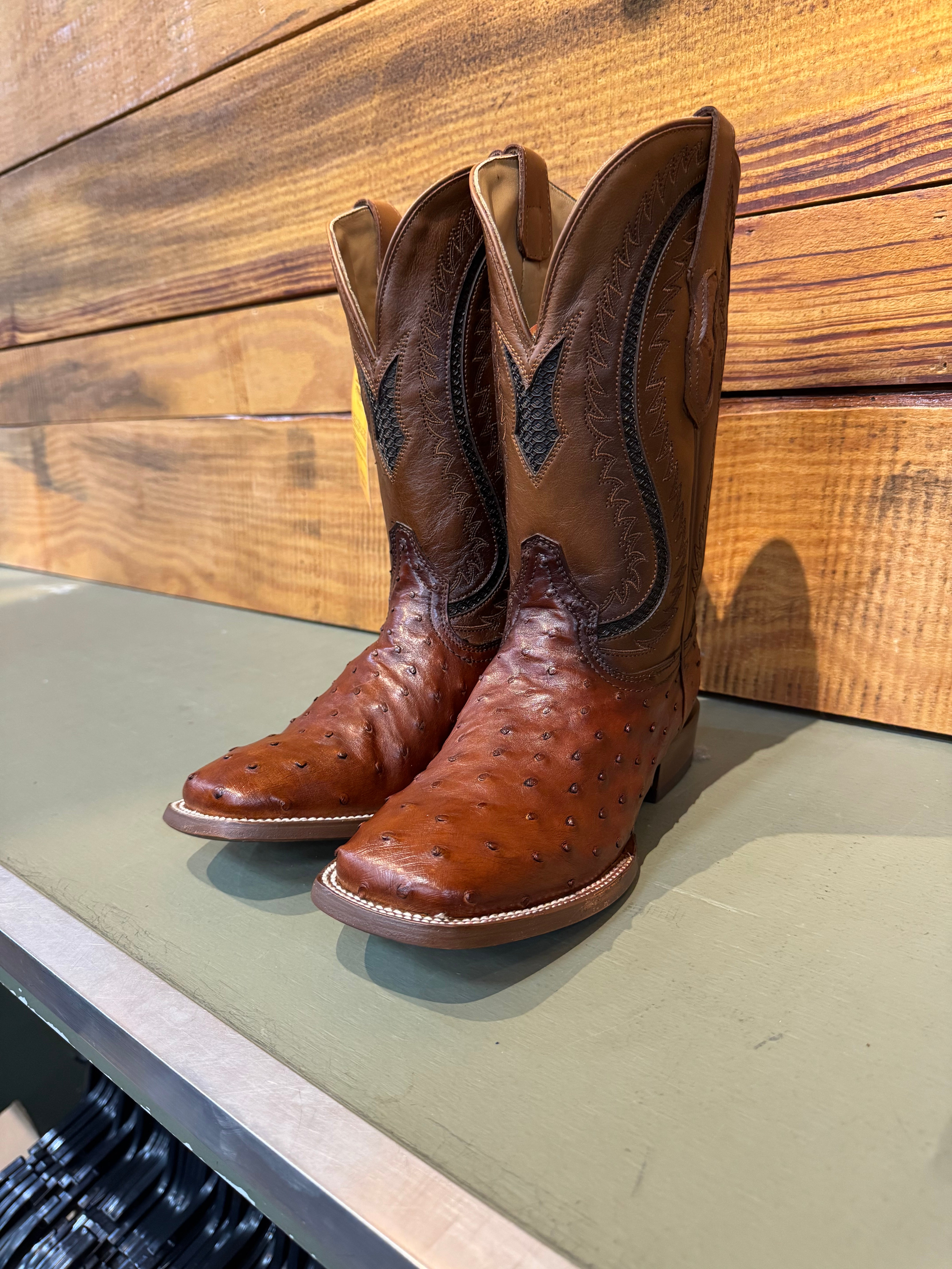 MN Cognac Ostrich Inlay & Embroidery Wide Square Toe