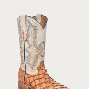 Men's Cognac/White Fish Pirarucu Embroidery Square Toe