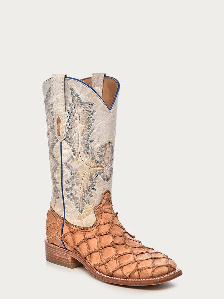 Men's Cognac/White Fish Pirarucu Embroidery Square Toe