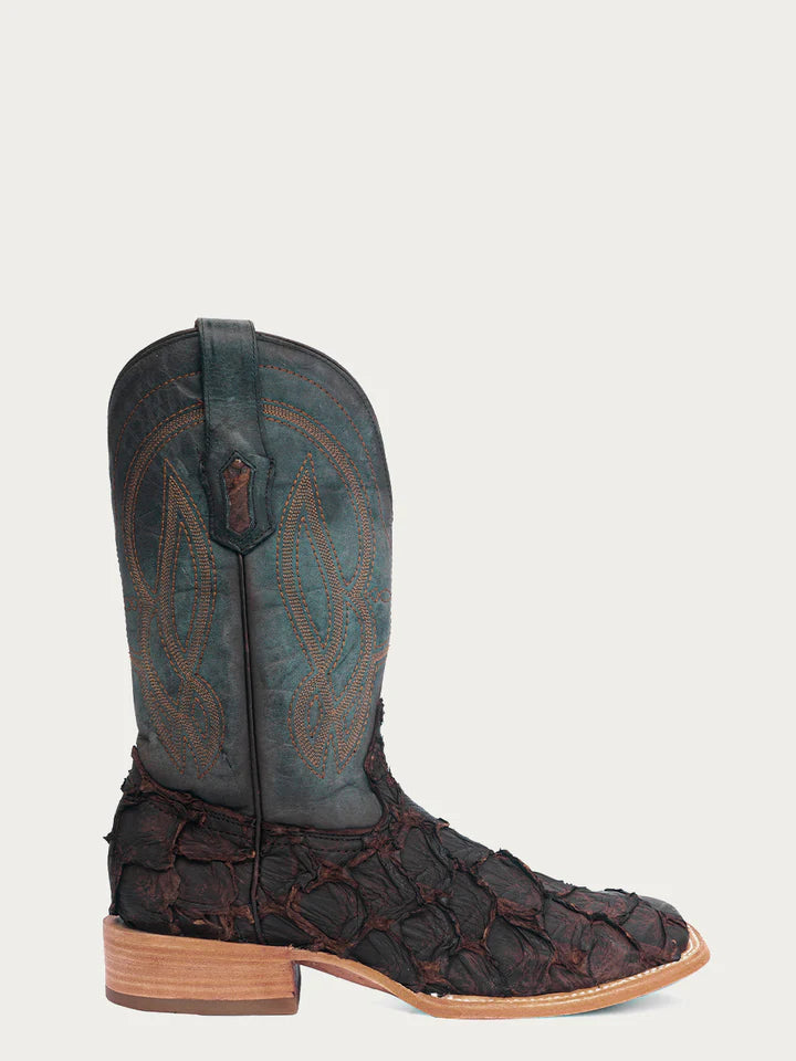 Men's Dark Brown/Navy Blue Fish Pirarucu Embroidery Wide Square Toe - Image 2