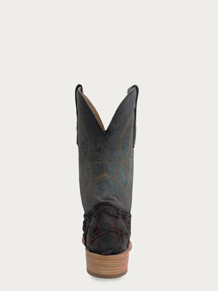 Men's Dark Brown/Navy Blue Fish Pirarucu Embroidery Wide Square Toe - Image 4