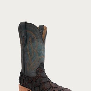 Men's Dark Brown/Navy Blue Fish Pirarucu Embroidery Wide Square Toe