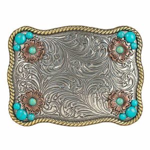 Flower Accent w Turquoise Stones Belt Buckle