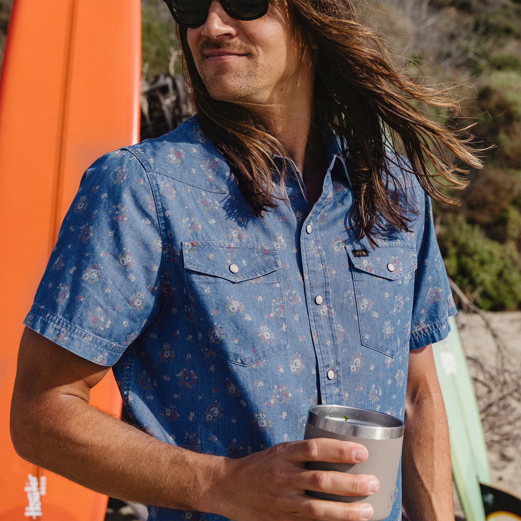 H Bar B Snapshirt - Bouquets - Washed Indigo - Image 7