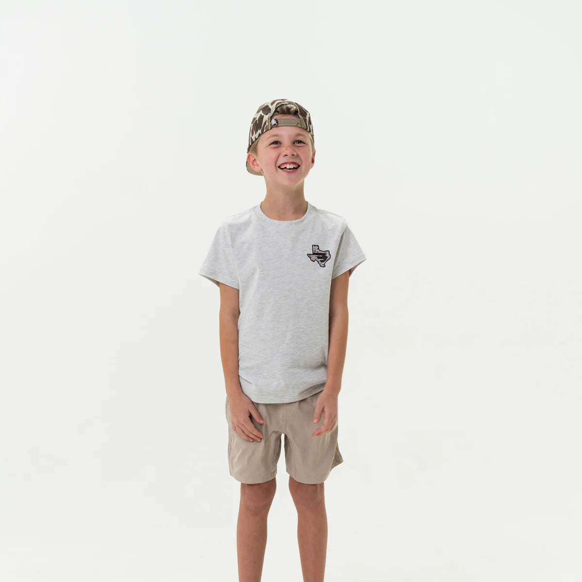 Youth Short Sleeve Tee - Texas Camo Flying B Logo - Heather Ash Grey - Image 2