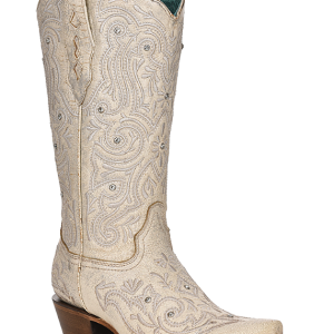 Ladies Bone Crystal Embroidered White Snip Toe Boots
