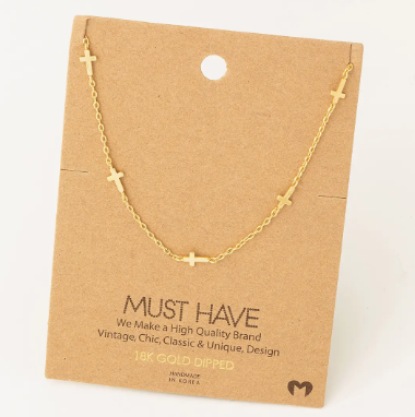 Dainty Cross Station Necklace - Gold