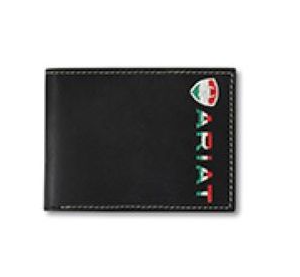 Ariat Black Men's Leather Bifold Wallet with Mexico Flag Colors and Embroidery