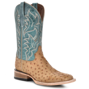 Men's Sand Blue Ostrich Embroidery Square Toe