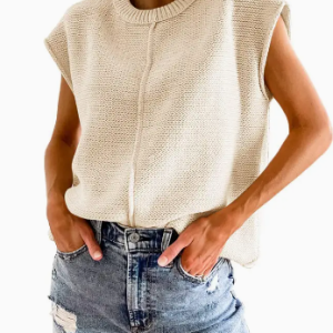 Knit Solid Color Sleeveless Round Neck Sweater Vest - Oat