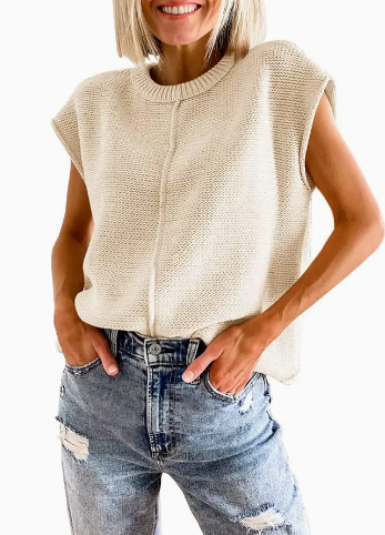 Knit Solid Color Sleeveless Round Neck Sweater Vest - Oat