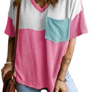 Block Patch Pocket Corded V Neck Tee