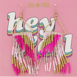 Light Pink, Gold, Hot Pink Beaded Fringe Earrings