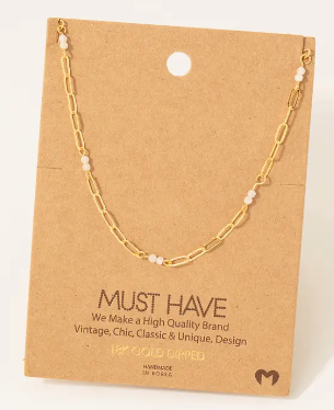 Dainty Chain Link Bead Station Necklace - White