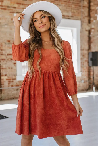 Lillih Washed Square Neck Dress - Brown