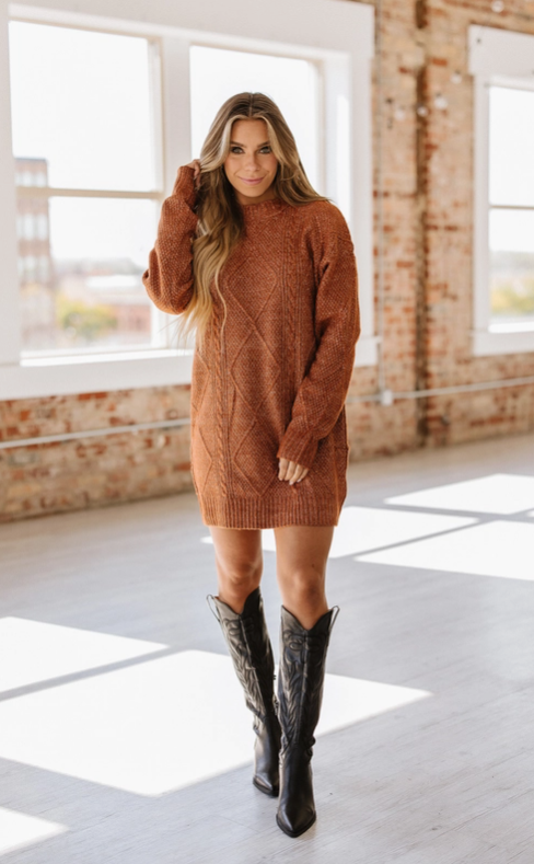Ashley Cable Knit Sweater Dress - Coffee