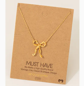 Gold Dipped Long Ribbon Bow Pendant Necklace