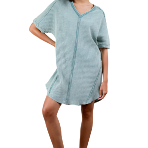 Mineral Washed Ribbed Knit Shift Mini Dress - Sage