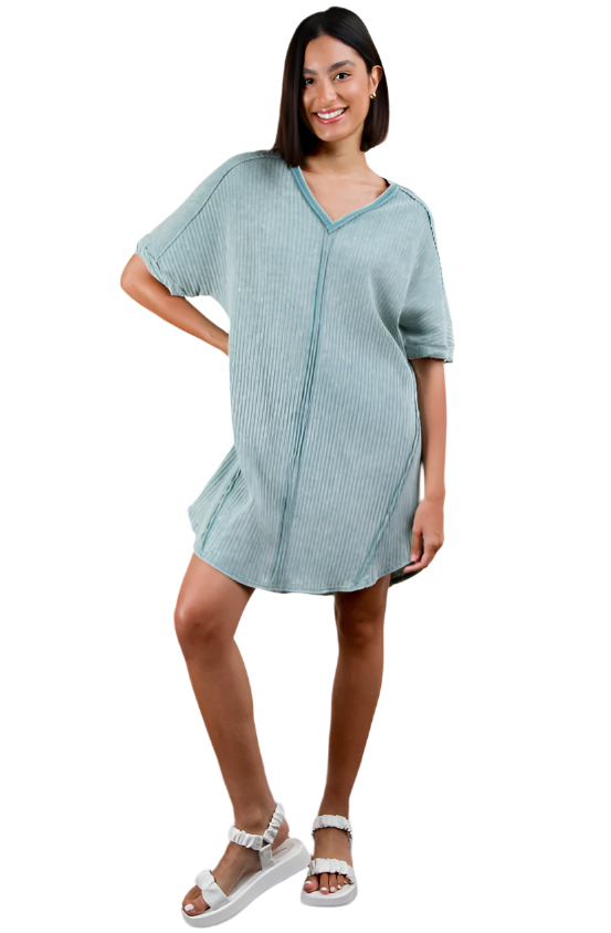 Mineral Washed Ribbed Knit Shift Mini Dress - Sage