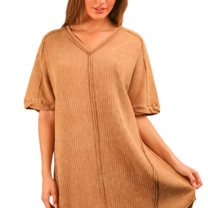 Mineral Washed Ribbed Knit Shift Mini Dress - Mocha