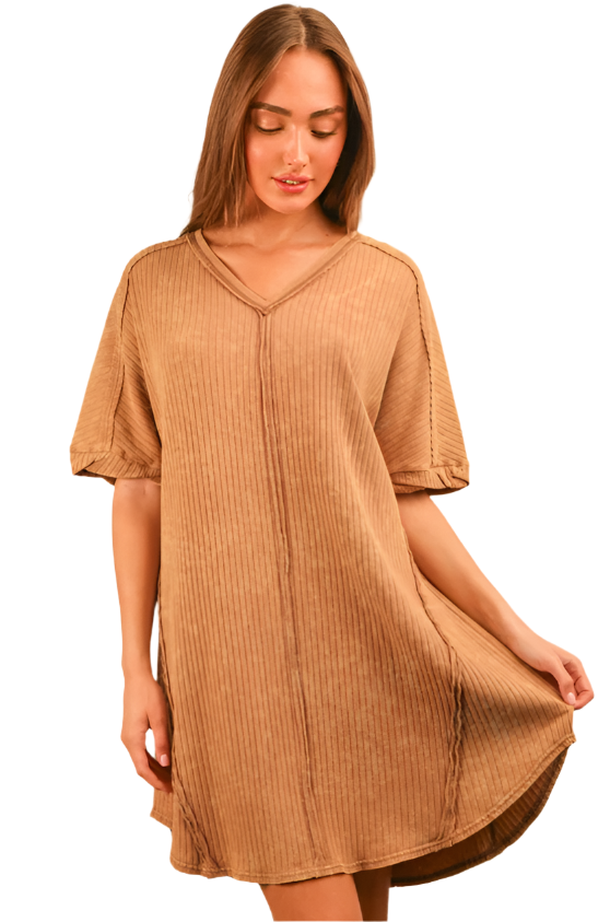Mineral Washed Ribbed Knit Shift Mini Dress - Mocha