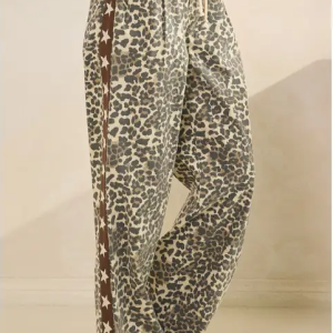 Leopard Printed Striped Wide Legged Pants - White Star