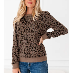 Leopard Ribbed Trim Long Sleeve Top