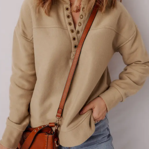 Solid Grommet V-Neck Drop Shoulder Sweatshirt