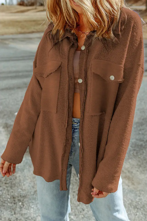Solid Reverse Seam Button-Front Terry Shacket