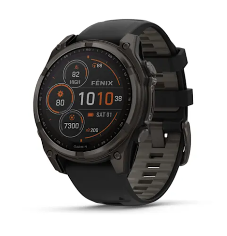 fēnix® 8 – 47 mm, Solar Sapphire, Carbon Gray DLC Titanium with Black/Pebble Gray Silicone Band