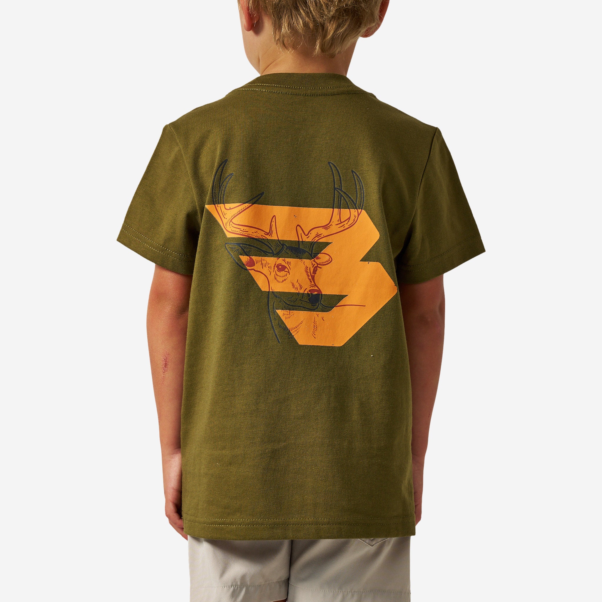 Youth Short Sleeve Tee - Deer Flying B (Orange) Logo - Hunter Green