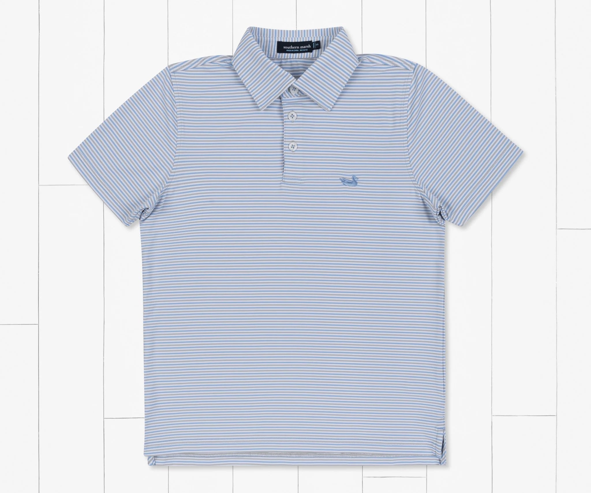 Youth Bermuda Performance Polo - Light Blue & White
