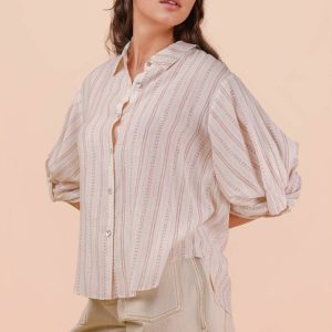 Roll up Half Sleeve Stripe Shirt Top - Mauve