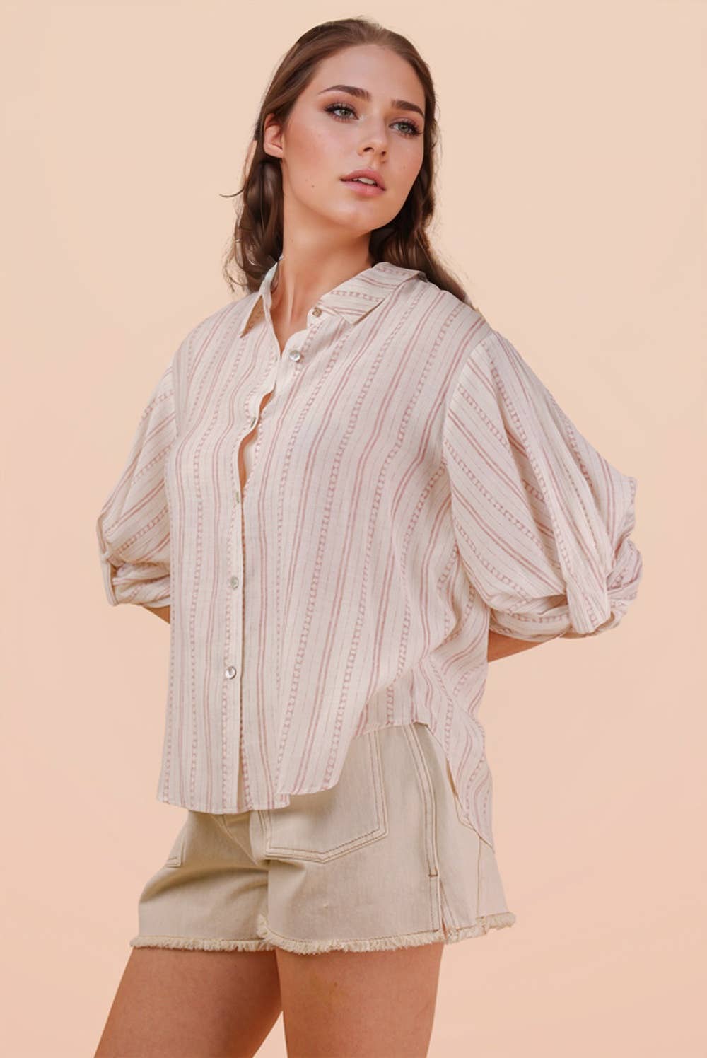 Roll up Half Sleeve Stripe Shirt Top - Mauve