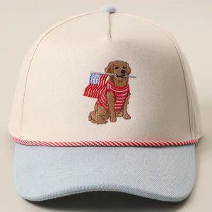 Golden Retriever Holding USA Flag Denim Brim Trucker Hat - Light Denim