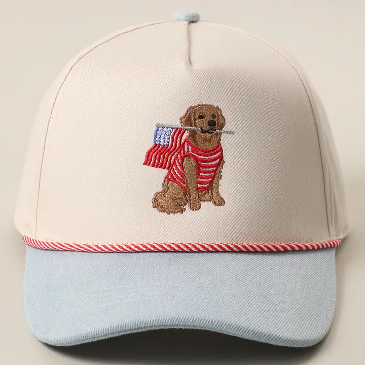 Golden Retriever Holding USA Flag Denim Brim Trucker Hat - Light Denim