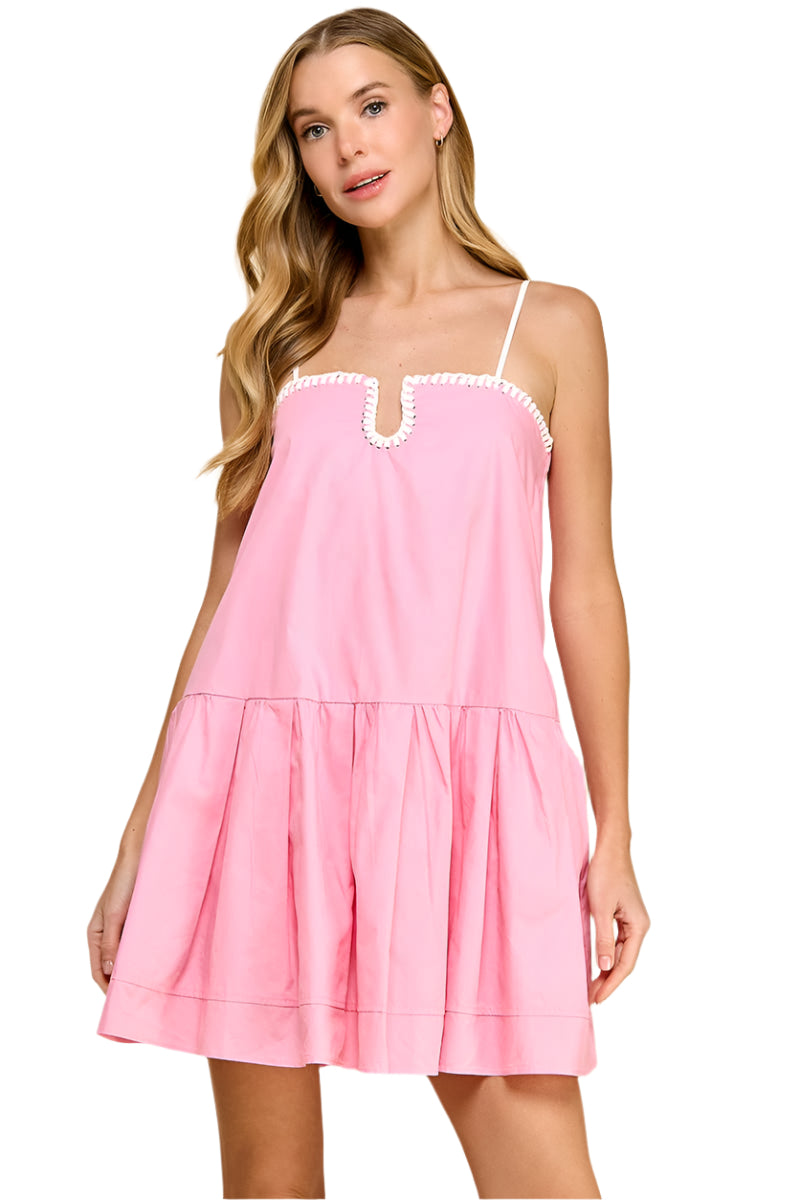 Drop Waist Contrast Stitch Dress - Pink