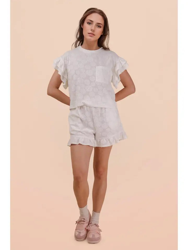Floral Textured Ruffle Knit Set - White