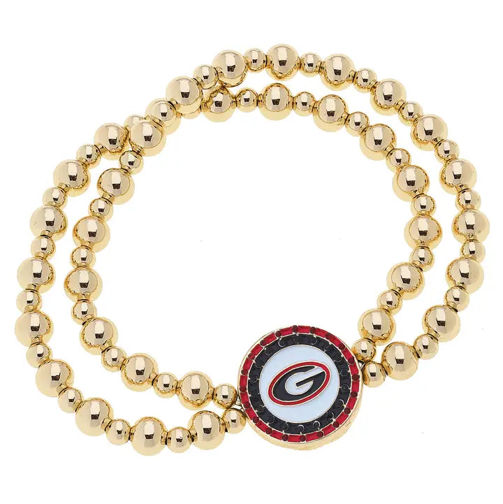 Georgia Bulldogs Pave Disc 2-Row Ball Bead Stretch Bracelet
