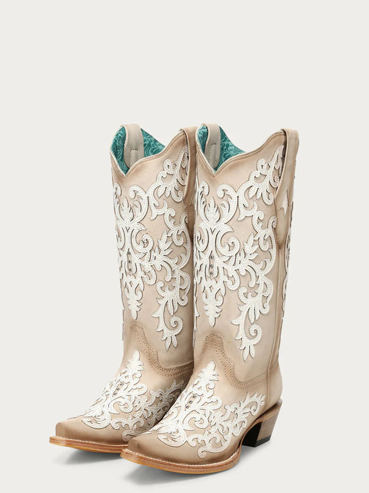 Women's Bone Overlay Embroidery and Studs Snip Boot