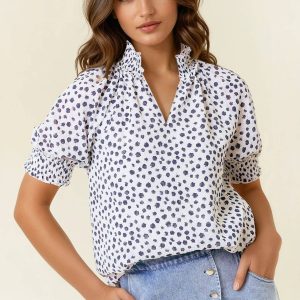 Jacquard Dot V-Neck Top - Black