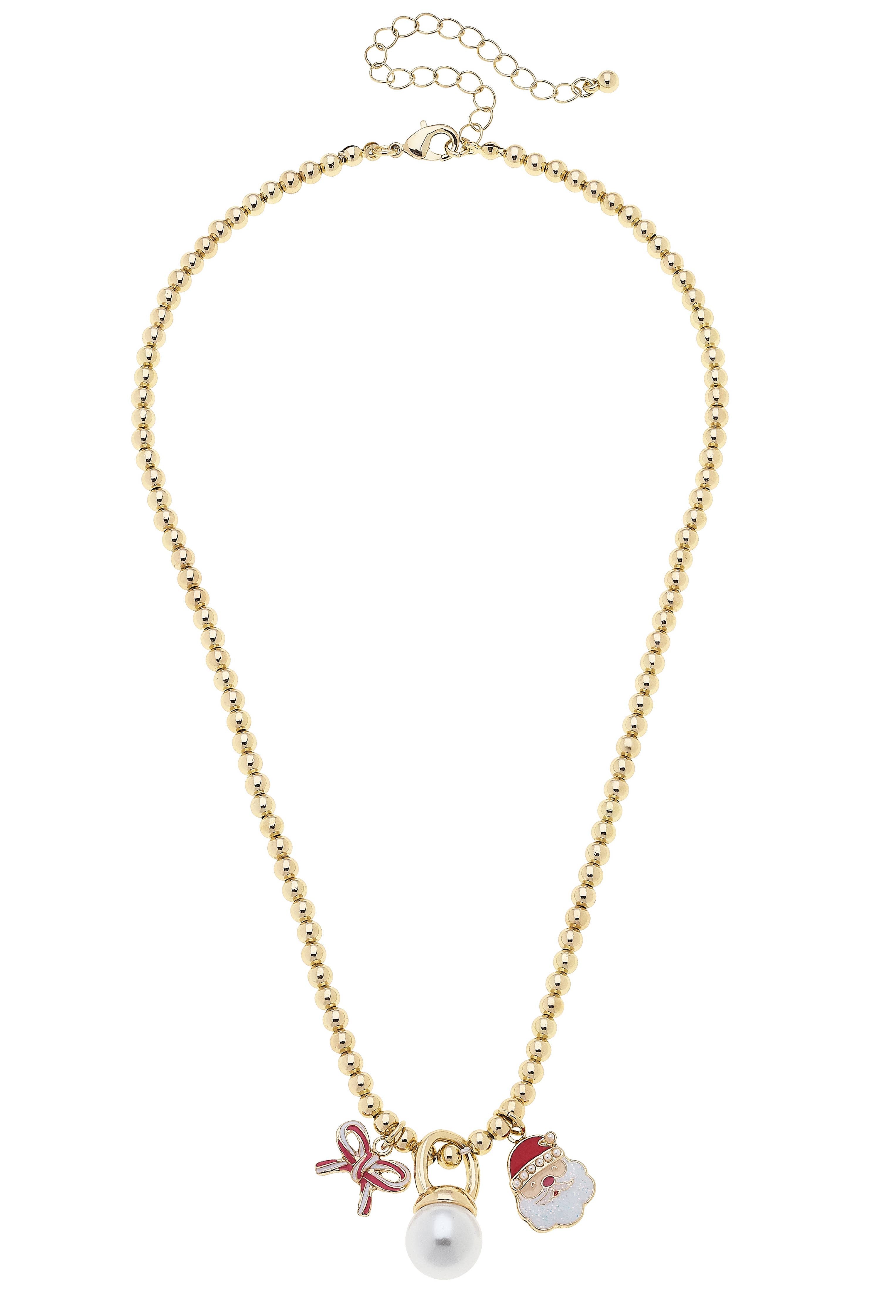 Candy Cane Bow & Santa Claus Ball Bead Necklace