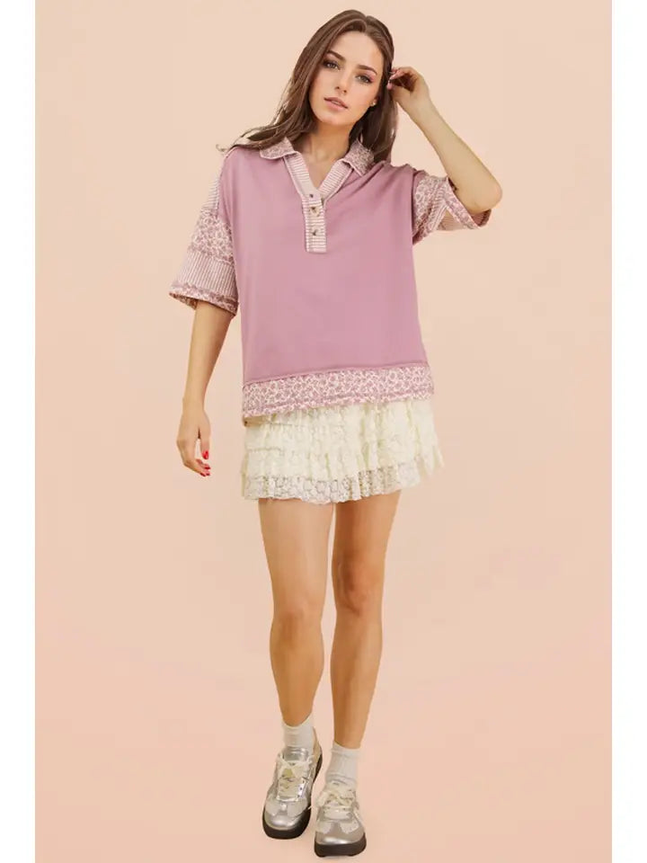 Oversized Collard Knit Top - Mauve