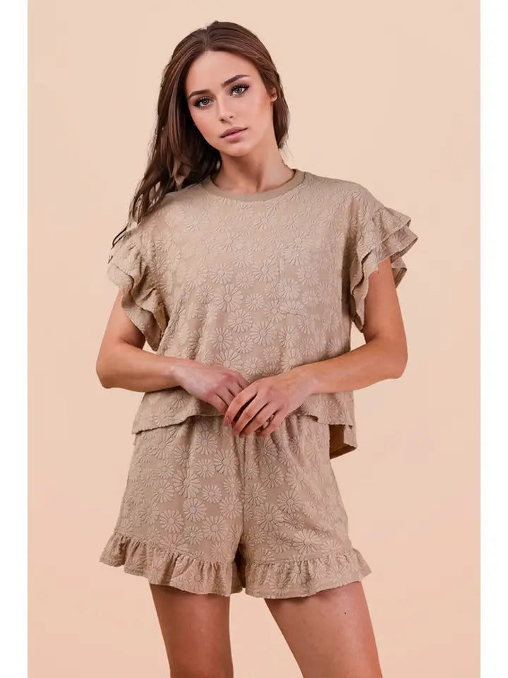 Floral Textured Ruffle Knit Set - Taupe