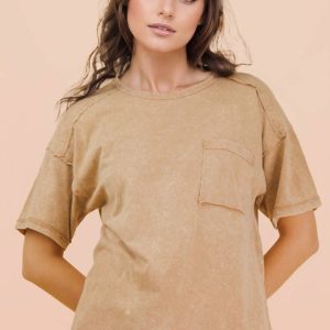 Mineral Washed Knit Top with Pocket - Taupe