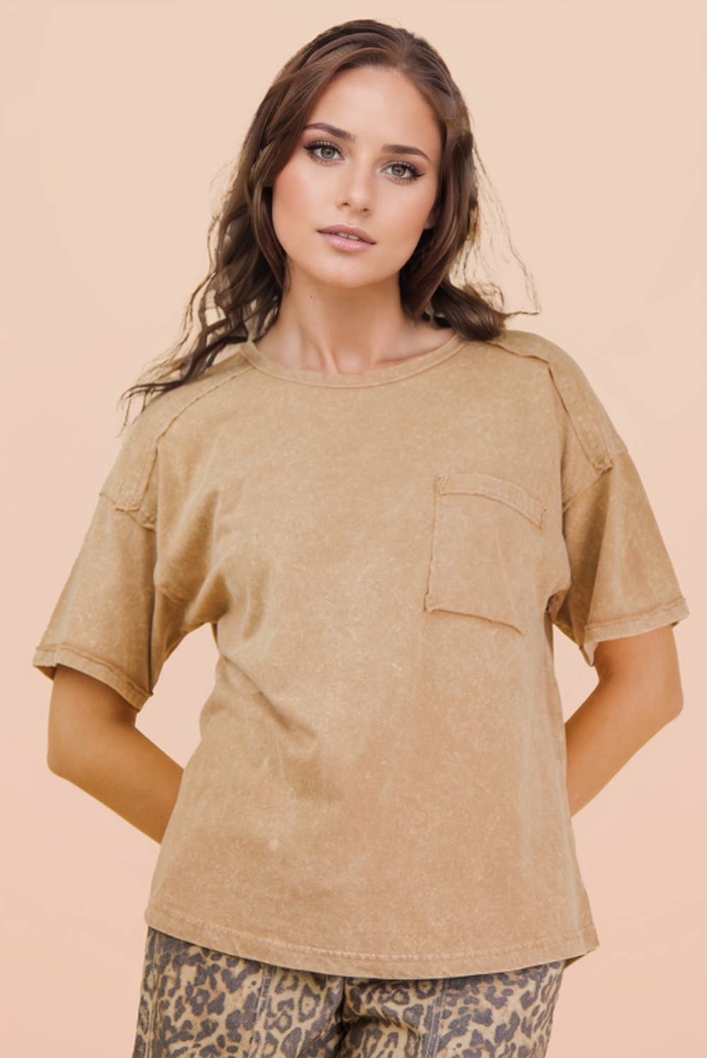 Mineral Washed Knit Top with Pocket - Taupe