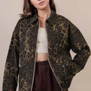 Leopard Print Washed Jacket - Olive