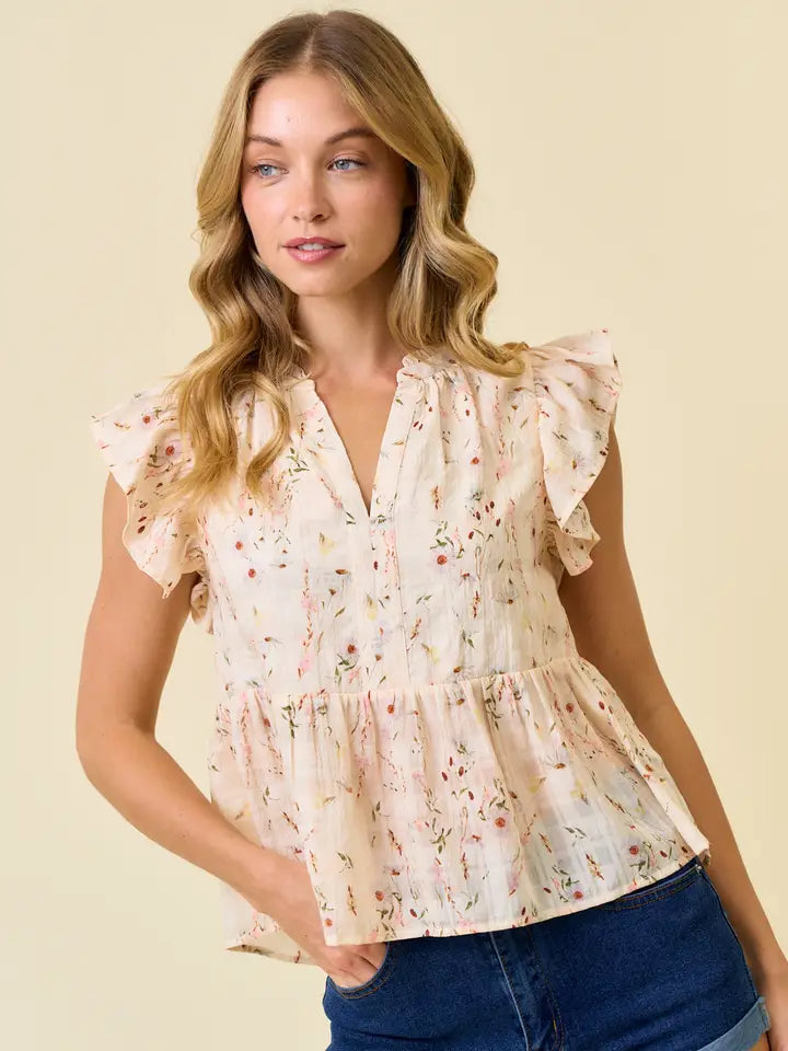 Floral Printed Ruffle Top - Cream Multi