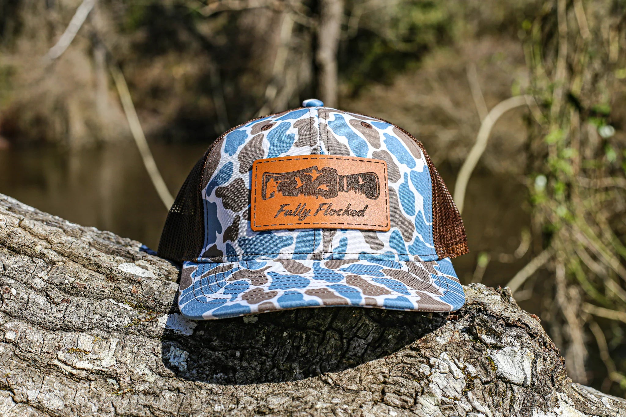 Duck Call Leather Patch Hat - Blue Camo/Brown